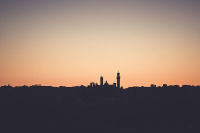 Silhouette of buildings against clear sky