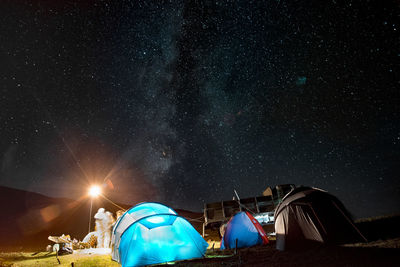 Illuminated tent against sky at night. askhi mountain-georgia 
