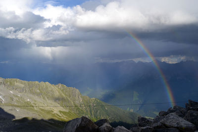 Scenic view of rainbow over mountains against sky