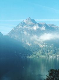 Scenic view of lake and mountains against sky