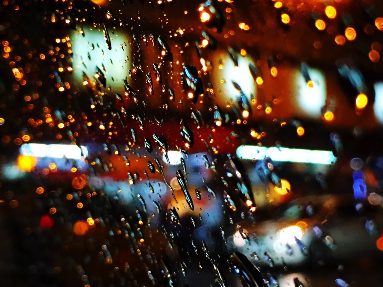 illuminated, indoors, night, wet, window, rain, glass - material, drop, defocused, transparent, car, transportation, street, water, land vehicle, full frame, season, backgrounds, raindrop, road