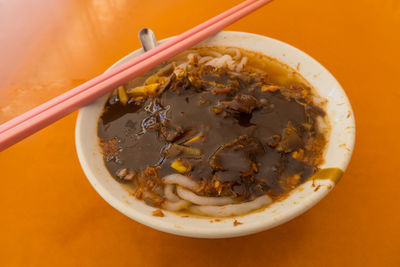 High angle view of food in bowl on table