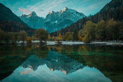 Scenic view of lake and mountains against sky