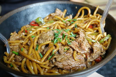 Close-up of noodles served in plate