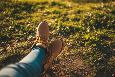 Low section of person wearing shoes on field