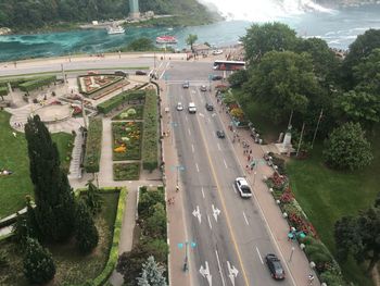 High angle view of cars on street in city