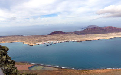 Scenic view of sea and mountains against sky