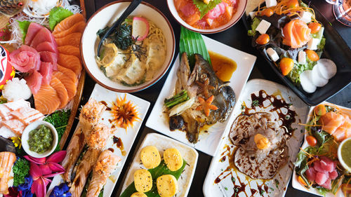 High angle view of food served on table