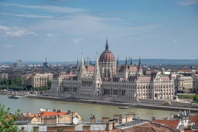 Panoramic view of the danube river and the embankment of budapest, hungary, on a summer morning