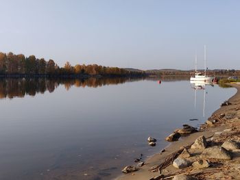 Scenic view of lake against clear sky