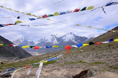 Multicolor tibetan flags with snowcapped mountain in background 