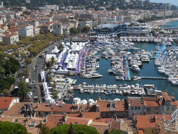 High angle view of buildings and port in cannes