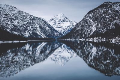 Scenic view of lake and mountains against sky