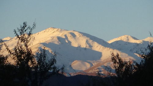 Scenic view of snowcapped mountains against clear sky