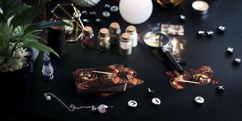 High angle view of christmas decorations on table