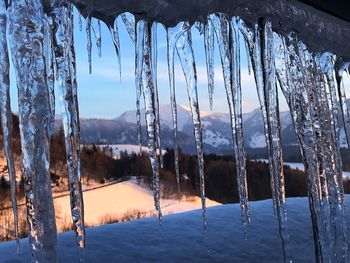 Panoramic shot of icicles on land against sky