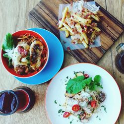 High angle view of breakfast served on table