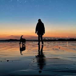 Rear view of woman walking at beach against sky during sunset