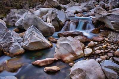 High angle view of rocks in river
