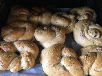 High angle view of bagels in oven