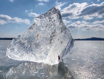 Frozen lake. studying of climatic and weather changes. piece of ice with light reflections.