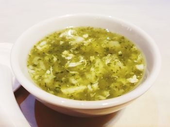 High angle view of soup in bowl