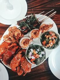 High angle view of food served on table