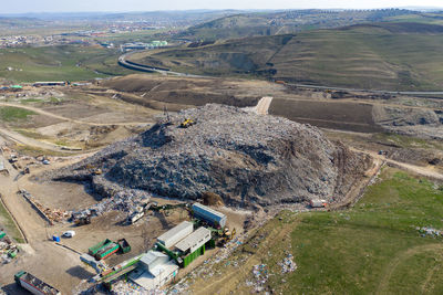 Aerial view of large landfill. waste garbage dump, environmental pollution