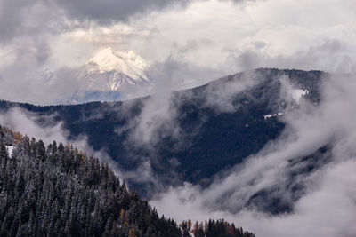 Low angle view of snowcapped mountains against sky