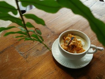 High angle view of breakfast served on table