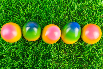 Close-up of multi colored eggs on grass