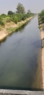 High angle view of river amidst trees against sky