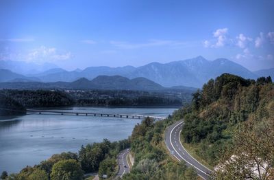 Scenic view of lake and mountains against sky