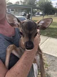 Portrait of man feeding deer