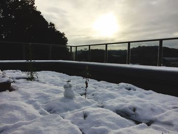 Snow covered landscape against sky during sunset