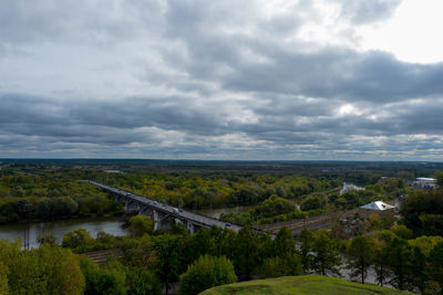 High angle view of bridge over landscape against sky