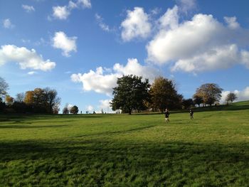 Friends running on grassy field against cloudy sky at park