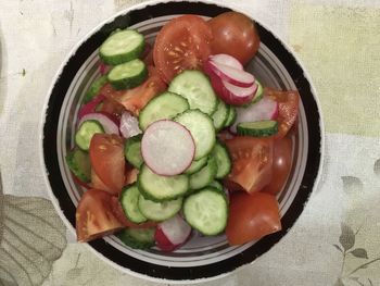 High angle view of salad in bowl on table