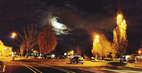 Illuminated road by trees against sky at night