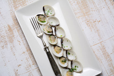 High angle view of appetizers in tray on table