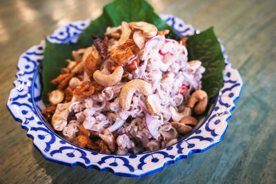 High angle view of food in plate on table