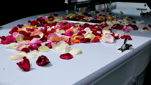 High angle view of roses on table