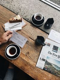 High angle view of coffee cup on table
