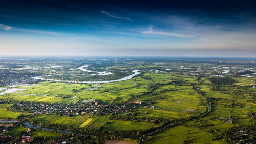 High angle view of agricultural field against sky