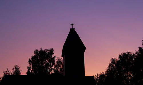Silhouette of temple and building against sky during sunset