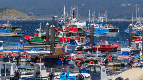 High angle view of fishing boats moored at harbor