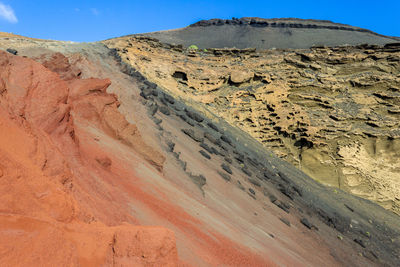 Volcanic mountain in different red, black and beige colours nearby el golfo on  island lanzarote