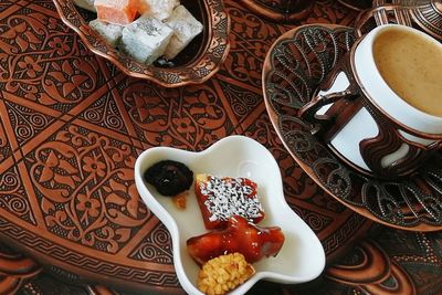 High angle view of breakfast served on table