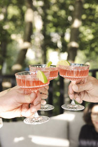 Cropped hands of people toasting drinks at back yard