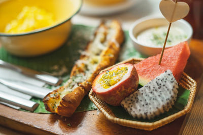 Close-up of breakfast served on table